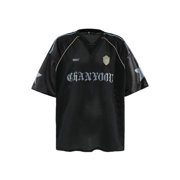 Mesh Breathable Letter Print Blockette Style Jersey Tee - COPPING THREADS - CHICISLAND