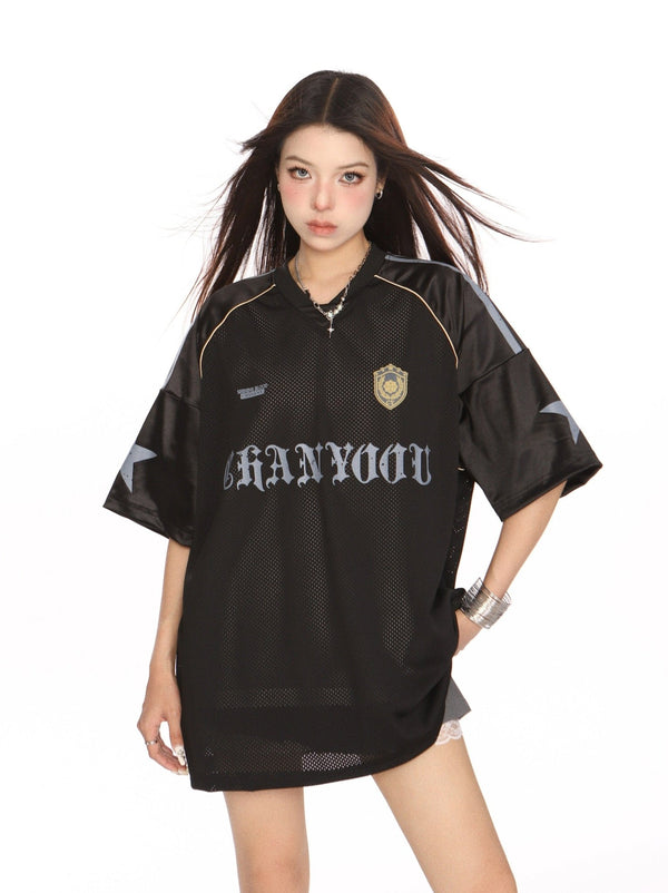 Mesh Breathable Letter Print Blockette Style Jersey Tee - COPPING THREADS - CHICISLAND