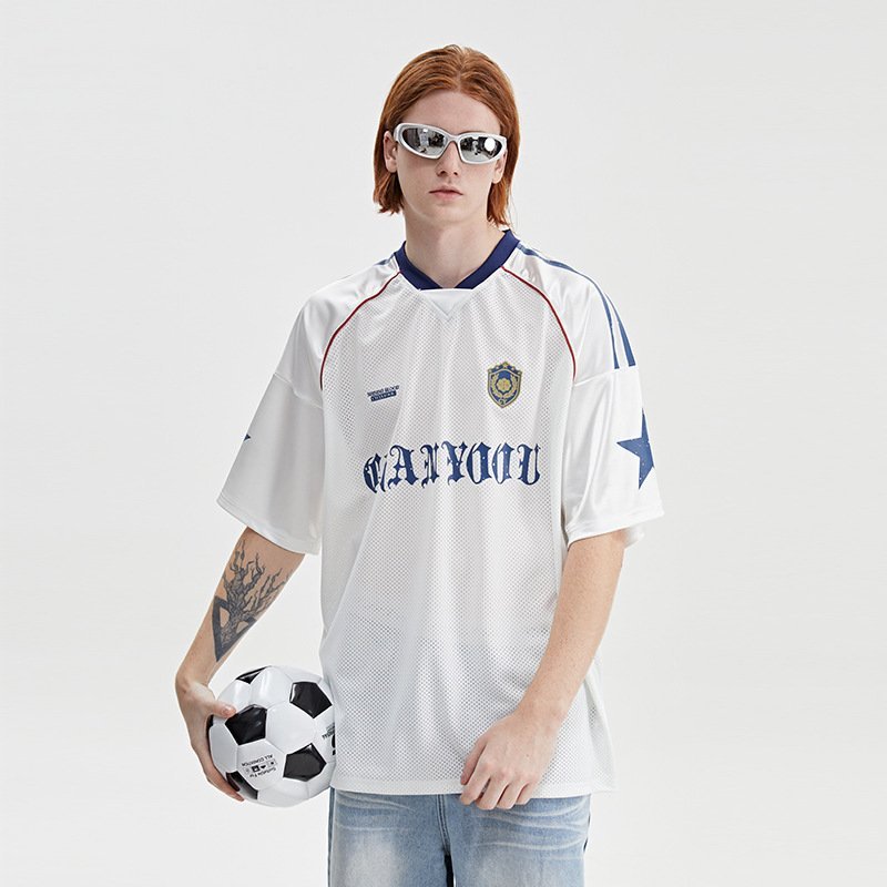 Mesh Breathable Letter Print Blockette Style Jersey Tee - COPPING THREADS - CHICISLAND