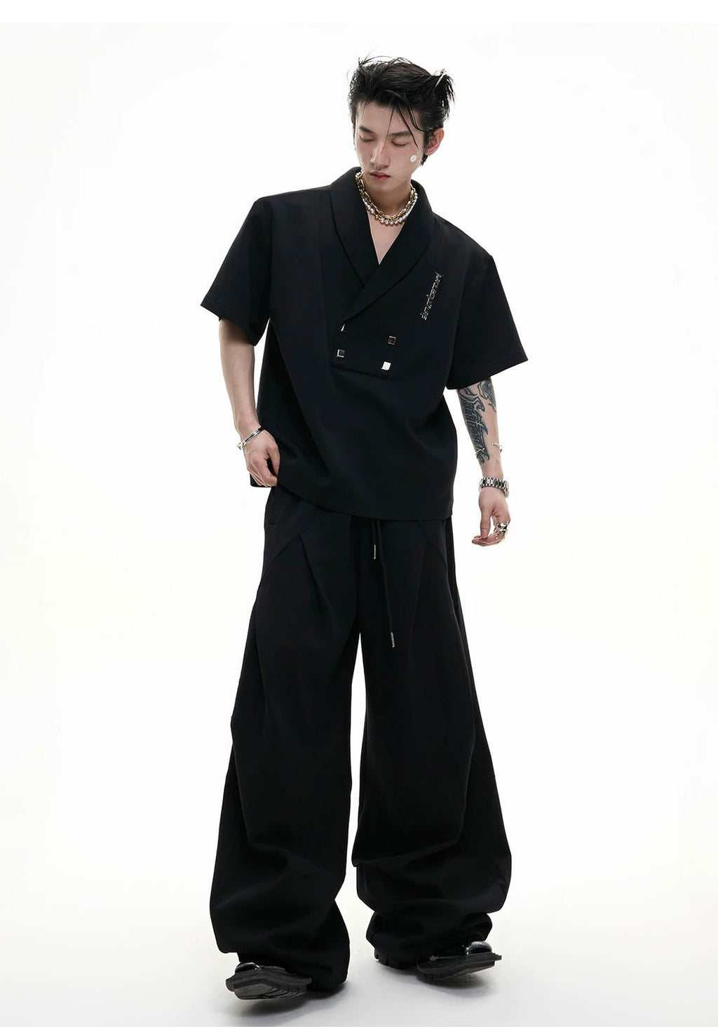 Metal-Detail Padded-Shoulder Top and Pleated Pants Set - COPPING THREADS - Argue Culture