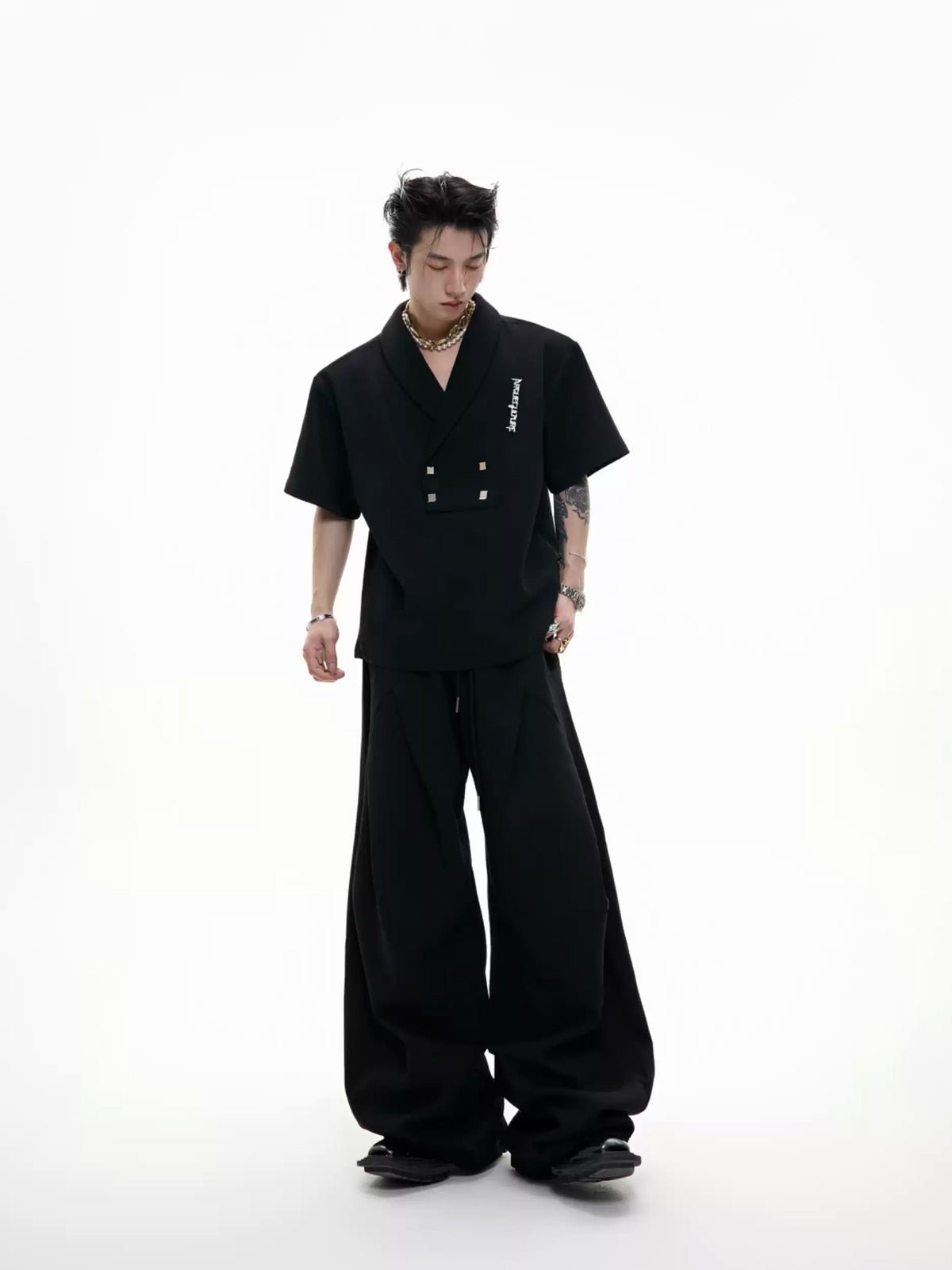 Metal-Detail Padded-Shoulder Top and Pleated Pants Set - COPPING THREADS - Argue Culture