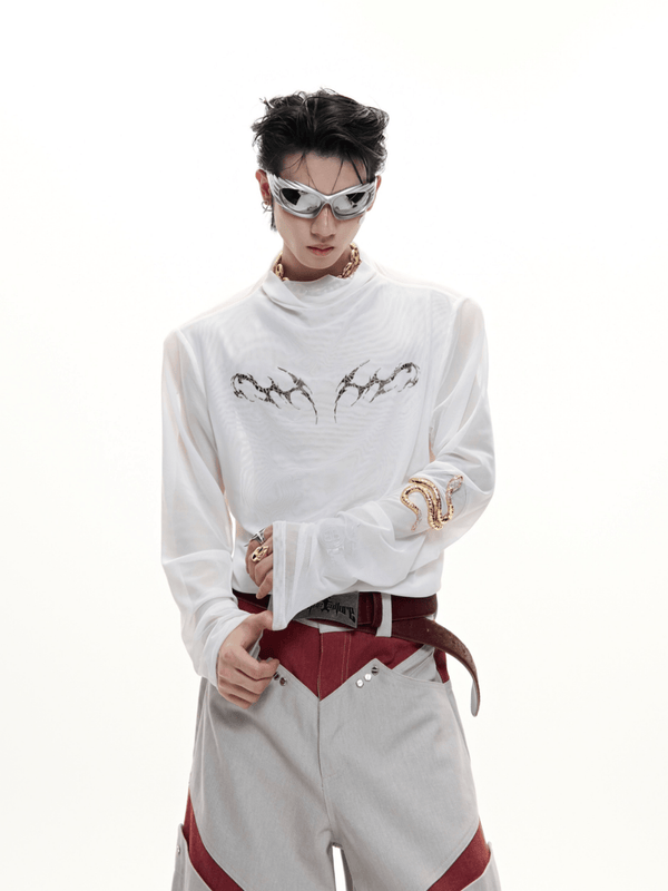 Metallic Flame Graphic Sheer Mesh Long Sleeve Tee - COPPING THREADS - ArguE CulturE
