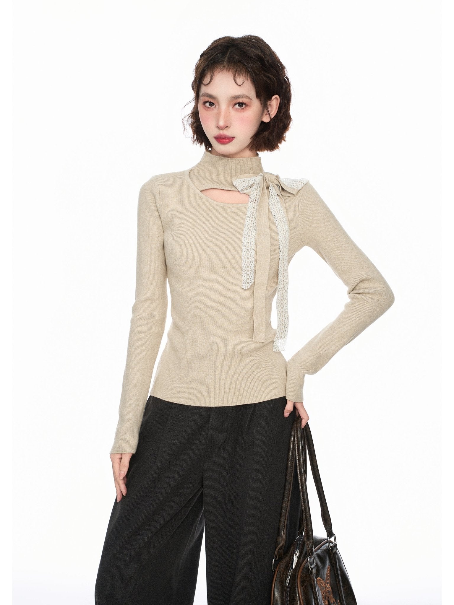 Mock Neck Cutout Bow - Tie Layering Top - COPPING THREADS - CT Select