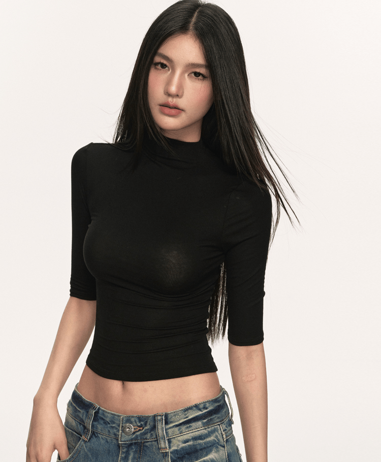 Mock Neck Fitted Half Sleeve Tee - COPPING THREADS - Anna Aneae