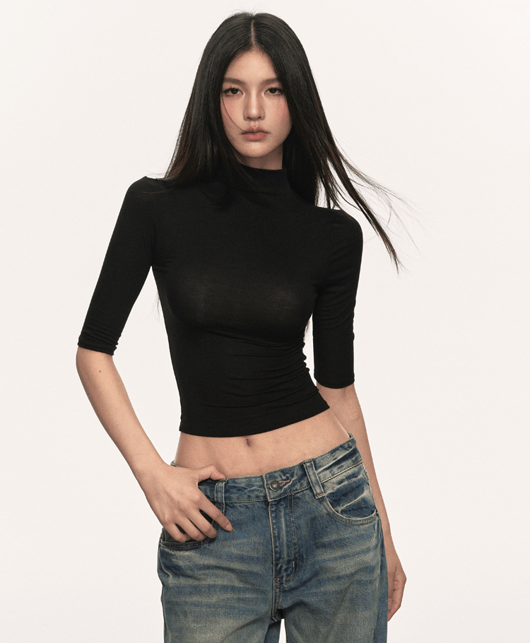 Mock Neck Fitted Half Sleeve Tee - COPPING THREADS - Anna Aneae