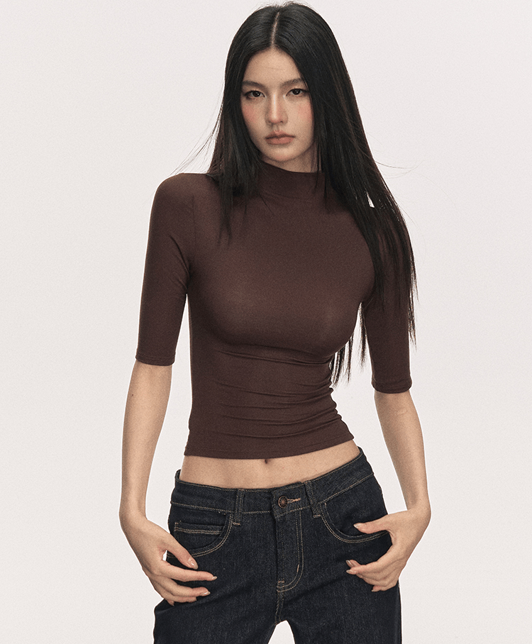 Mock Neck Fitted Half Sleeve Tee - COPPING THREADS - Anna Aneae