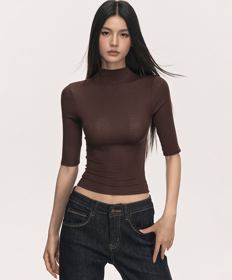 Mock Neck Fitted Half Sleeve Tee - COPPING THREADS - Anna Aneae