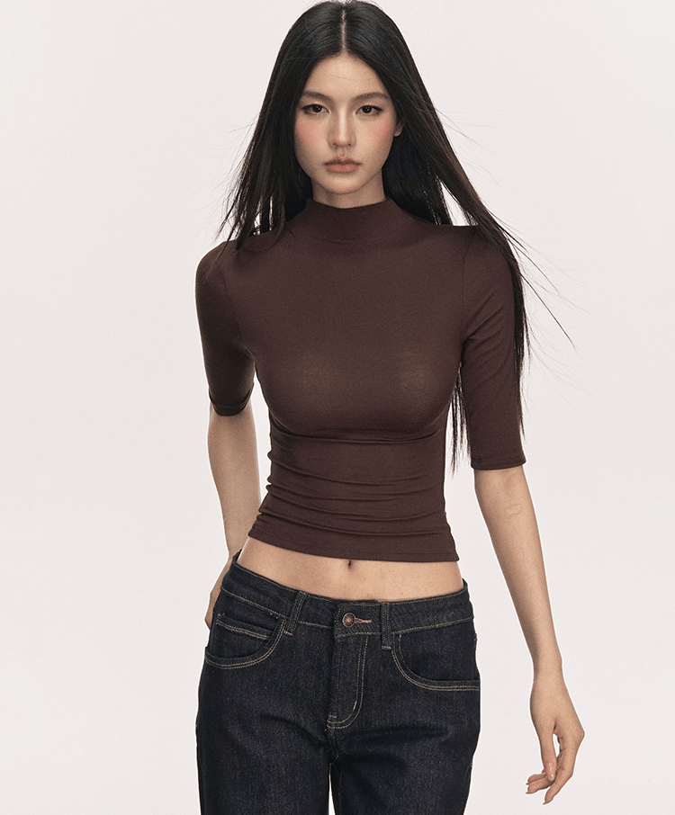 Mock Neck Fitted Half Sleeve Tee - COPPING THREADS - Anna Aneae