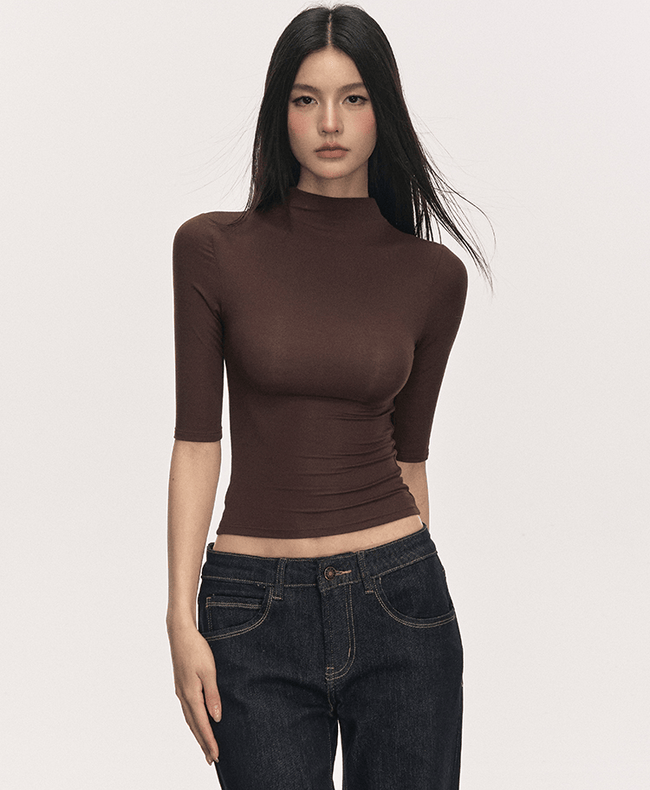 Mock Neck Fitted Half Sleeve Tee - COPPING THREADS - Anna Aneae Hover Image