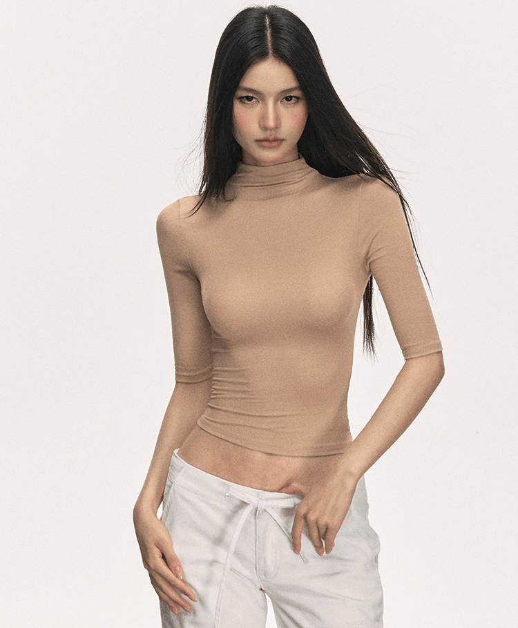 Mock Neck Fitted Half Sleeve Tee - COPPING THREADS - Anna Aneae