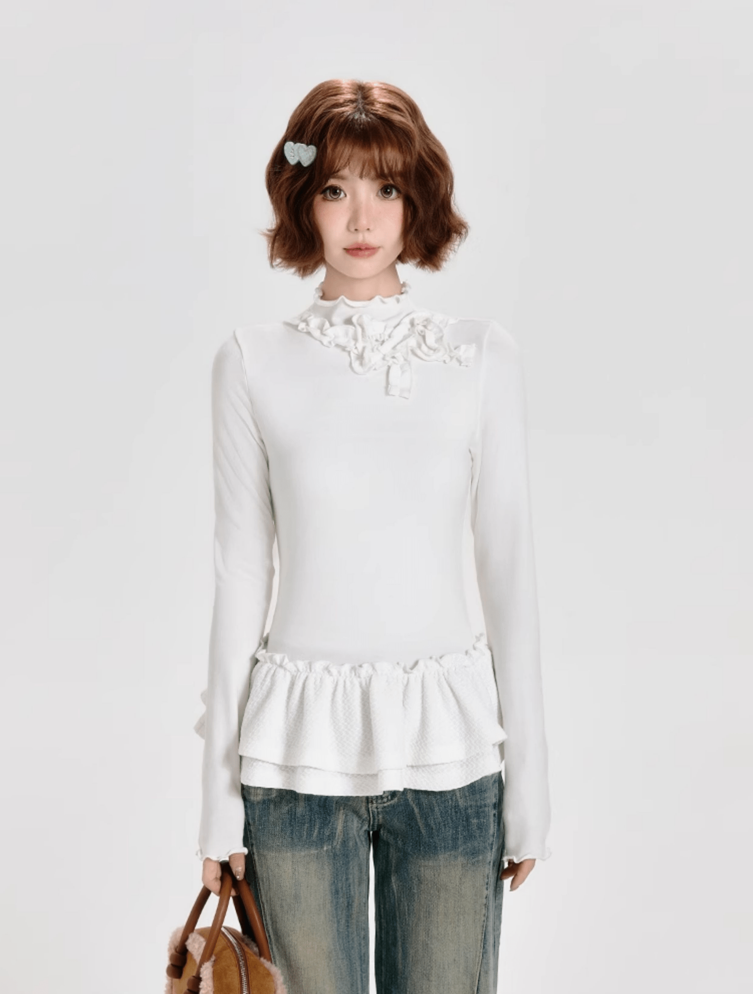 Mock Neck Ruffle Hem Long Sleeve Blouse - COPPING THREADS - CT Select