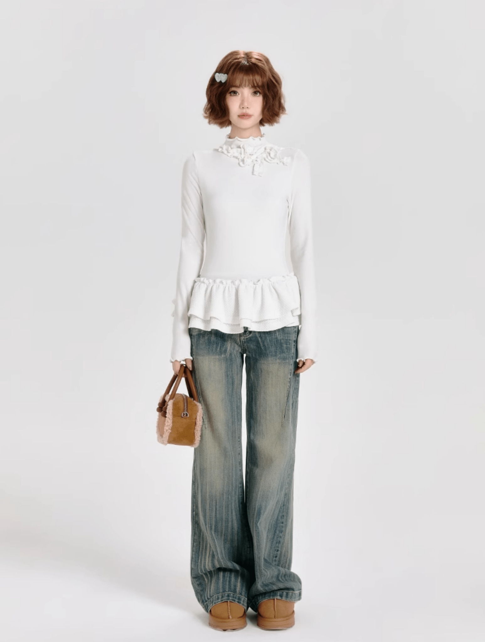 Mock Neck Ruffle Hem Long Sleeve Blouse - COPPING THREADS - CT Select