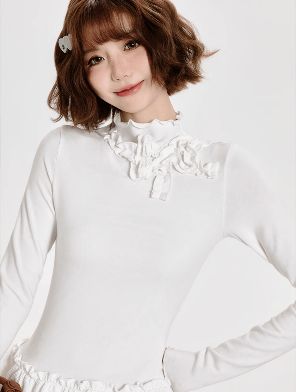 Mock Neck Ruffle Hem Long Sleeve Blouse - COPPING THREADS - CT Select