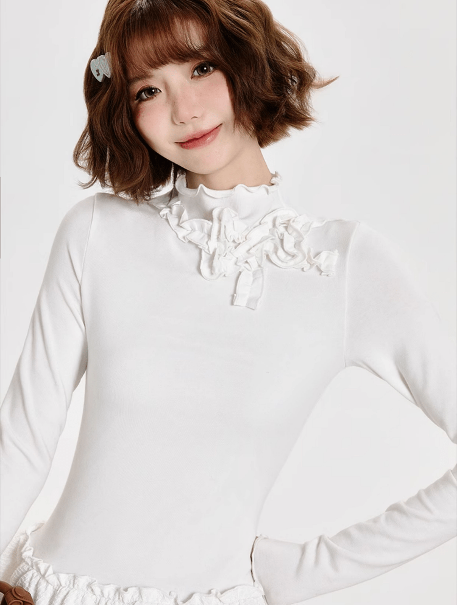 Mock Neck Ruffle Hem Long Sleeve Blouse - COPPING THREADS - CT Select