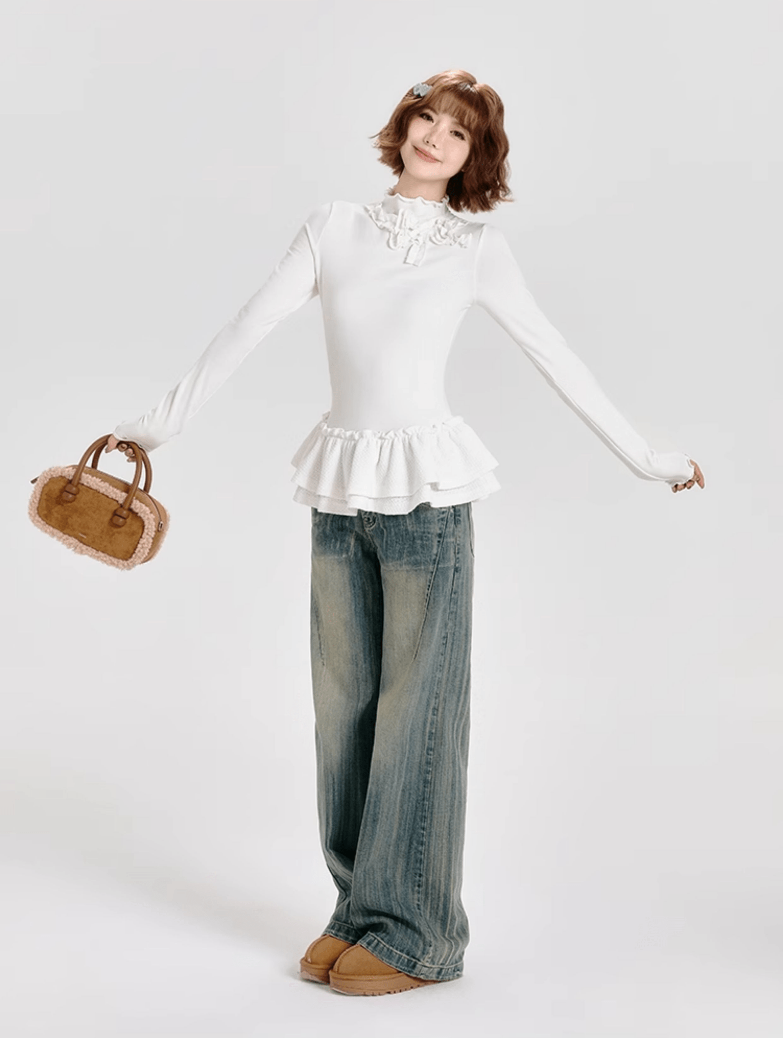 Mock Neck Ruffle Hem Long Sleeve Blouse - COPPING THREADS - CT Select