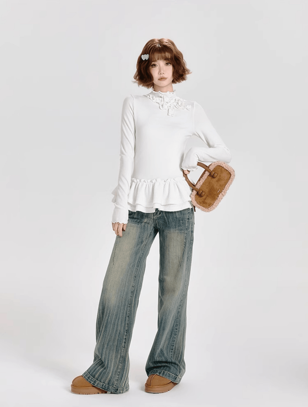 Mock Neck Ruffle Hem Long Sleeve Blouse - COPPING THREADS - CT Select