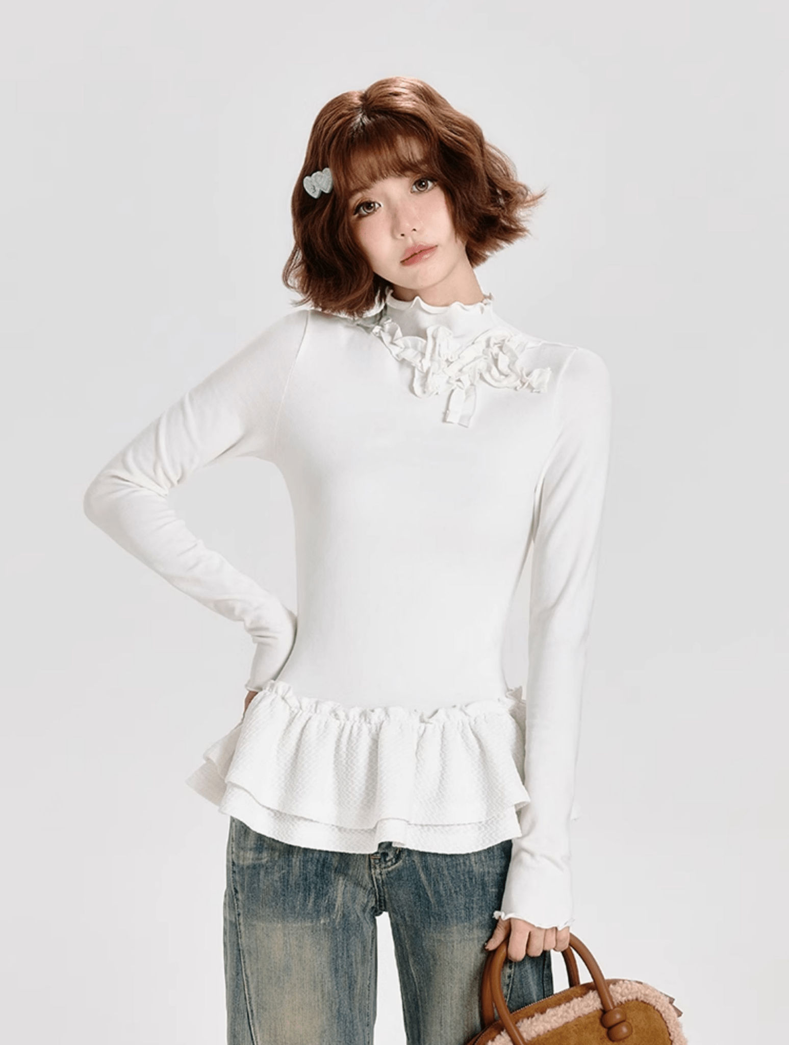 Mock Neck Ruffle Hem Long Sleeve Blouse - COPPING THREADS - CT Select