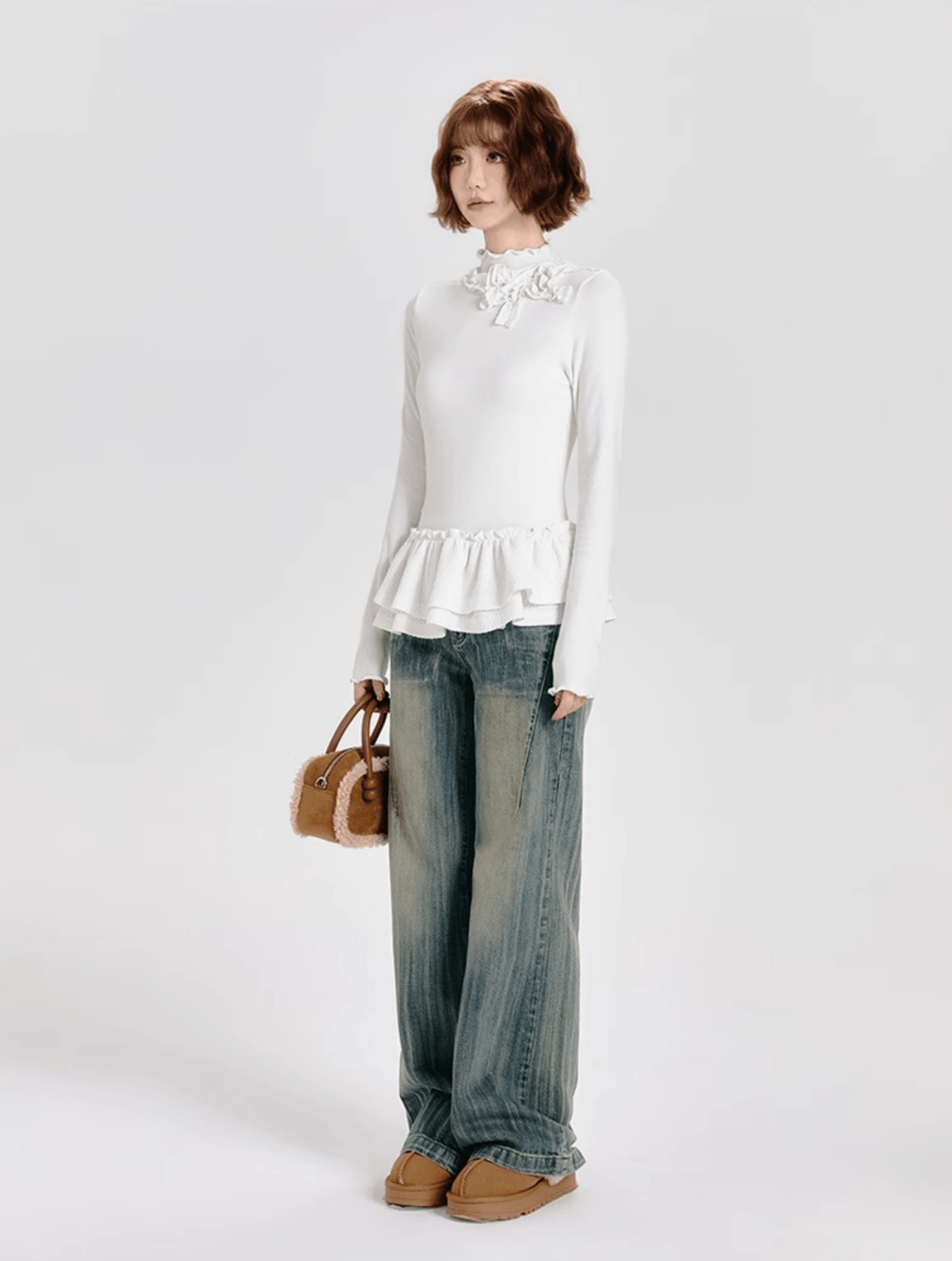 Mock Neck Ruffle Hem Long Sleeve Blouse - COPPING THREADS - CT Select