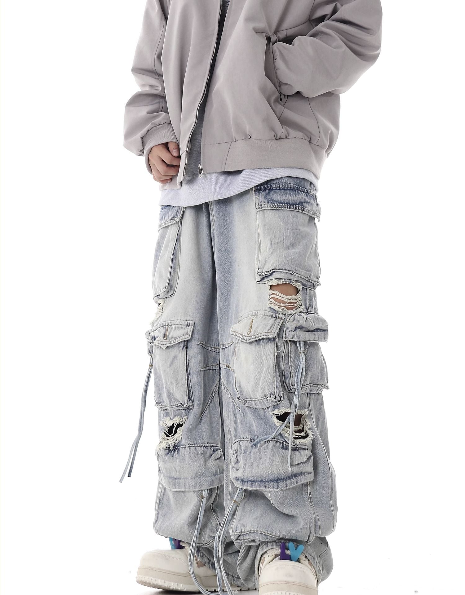 Multi - Pocket Heavy - Washed Ripped Denim Cargo Pants - COPPING THREADS - CHICISLAND