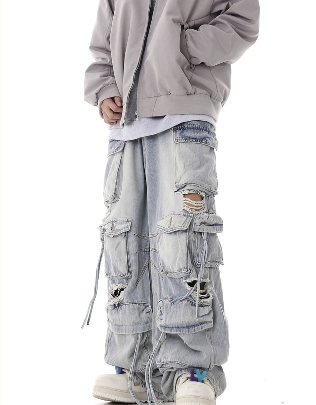 Multi-Pocket Heavy-Washed Ripped Denim Cargo Pants Main Image