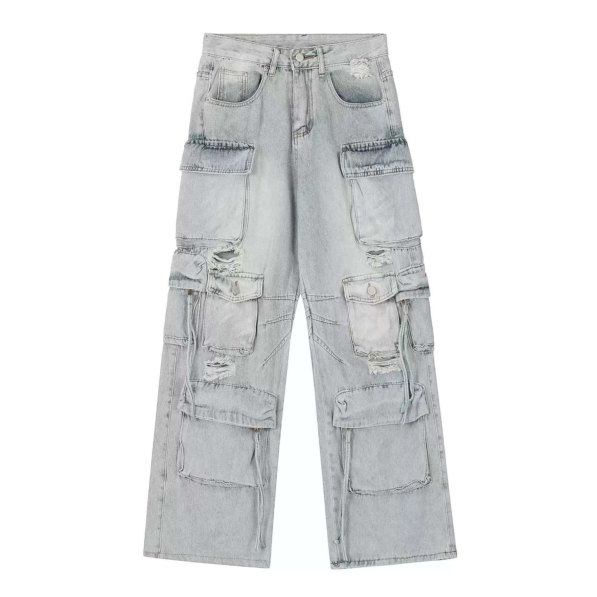 Multi - Pocket Heavy - Washed Ripped Denim Cargo Pants - COPPING THREADS - CHICISLAND