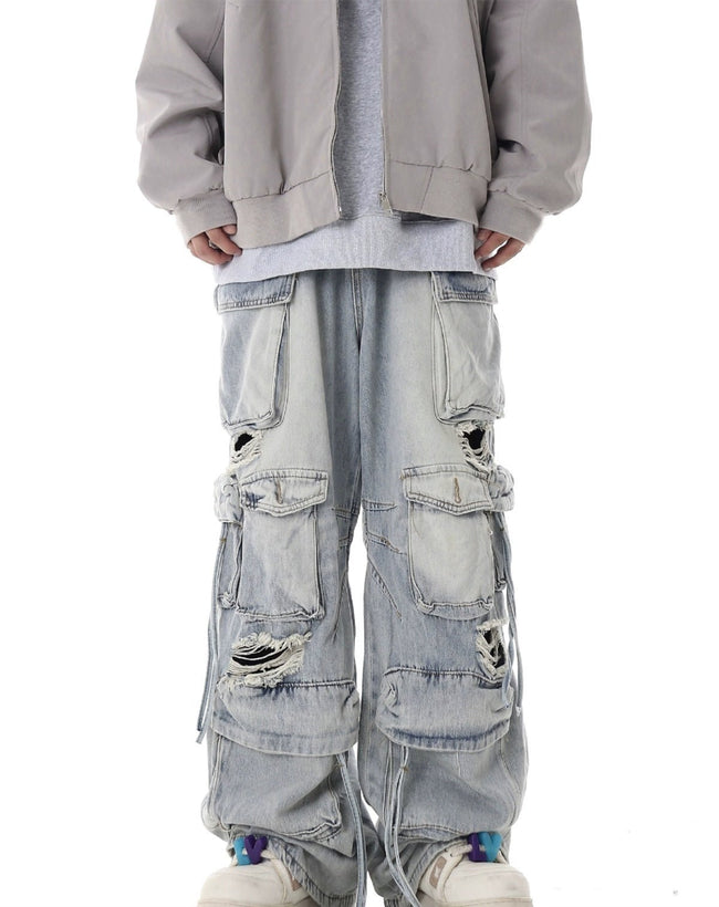 Multi - Pocket Heavy - Washed Ripped Denim Cargo Pants - COPPING THREADS - CHICISLAND Hover Image