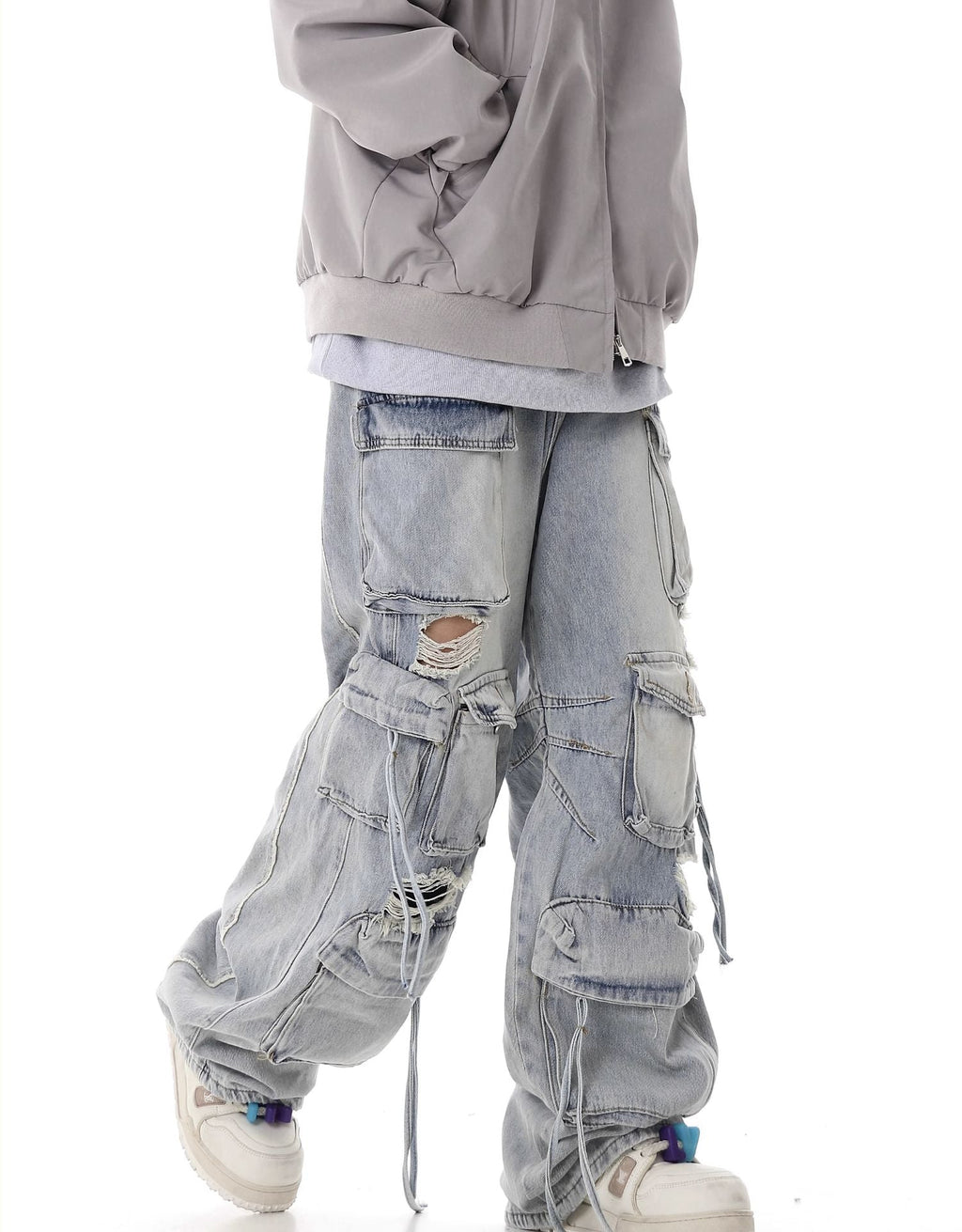 Multi - Pocket Heavy - Washed Ripped Denim Cargo Pants - COPPING THREADS - CHICISLAND