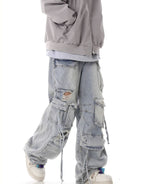Multi - Pocket Heavy - Washed Ripped Denim Cargo Pants - COPPING THREADS - CHICISLAND