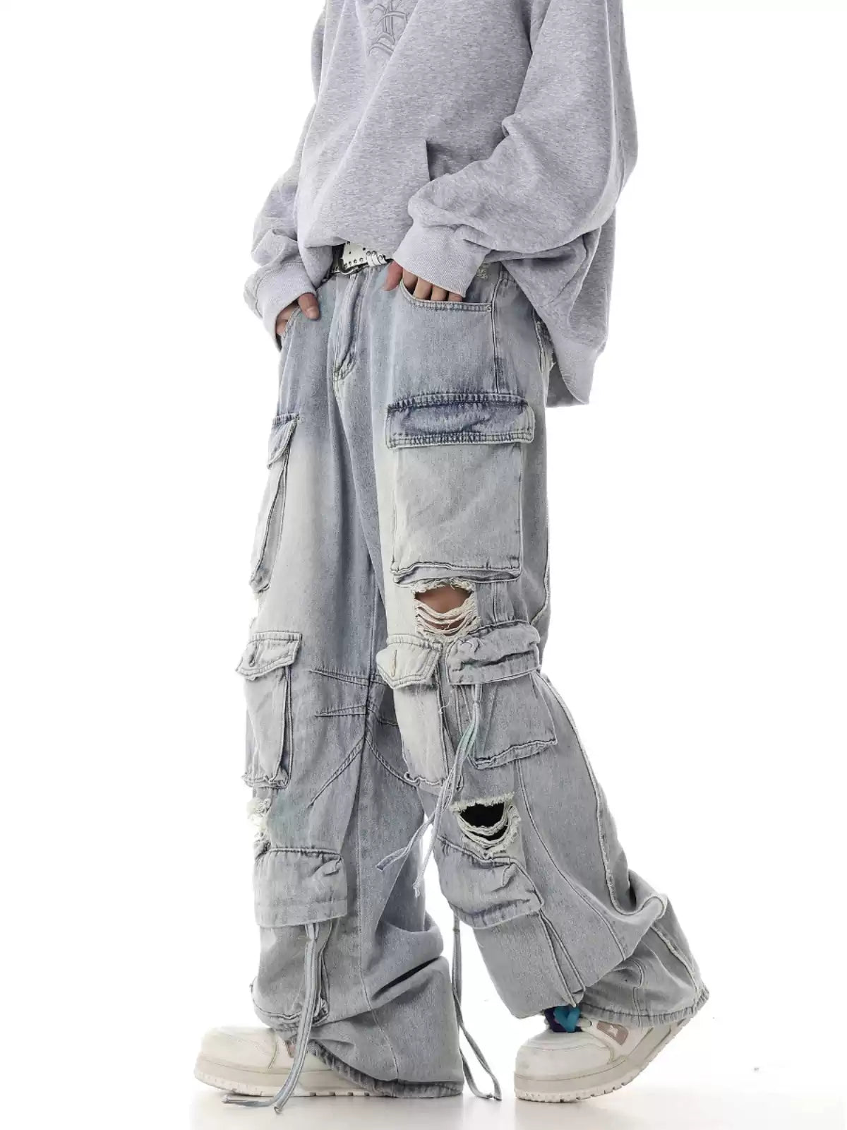 Multi - Pocket Heavy - Washed Ripped Denim Cargo Pants - COPPING THREADS - CHICISLAND
