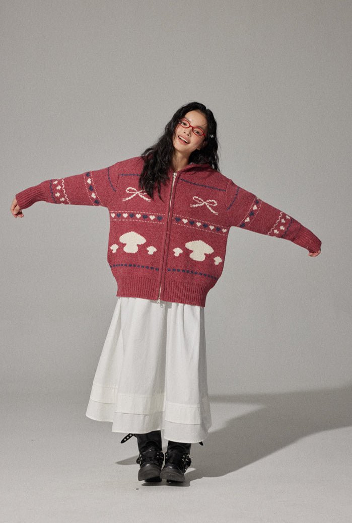Mushroom Jacquard Knit Hoodie Cardigan - COPPING THREADS - CHICISLAND