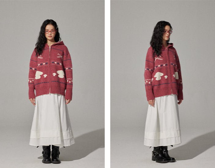 Mushroom Jacquard Knit Hoodie Cardigan - COPPING THREADS - CHICISLAND