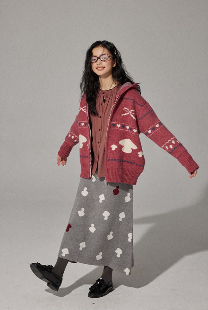 Mushroom Jacquard Knit Hoodie Cardigan - COPPING THREADS - CHICISLAND