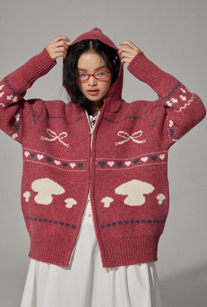 Mushroom Jacquard Knit Hoodie Cardigan - COPPING THREADS - CHICISLAND