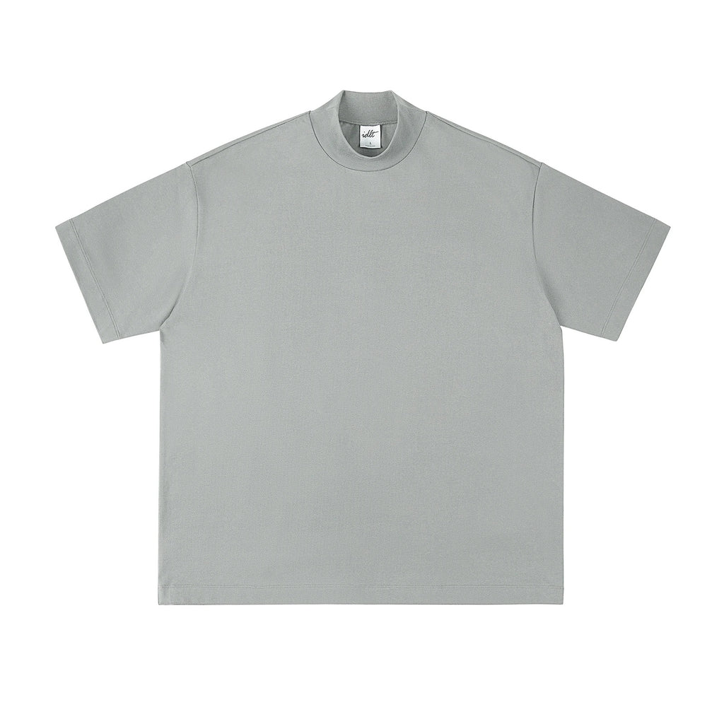 IDLT mock neck T-shirt, light gray front.