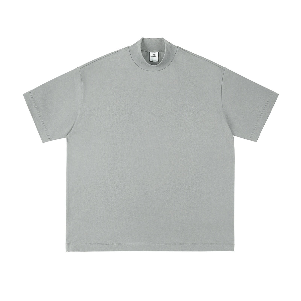 IDLT mock neck T-shirt, light gray front.