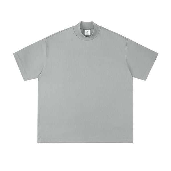 IDLT mock neck T-shirt, light gray front.