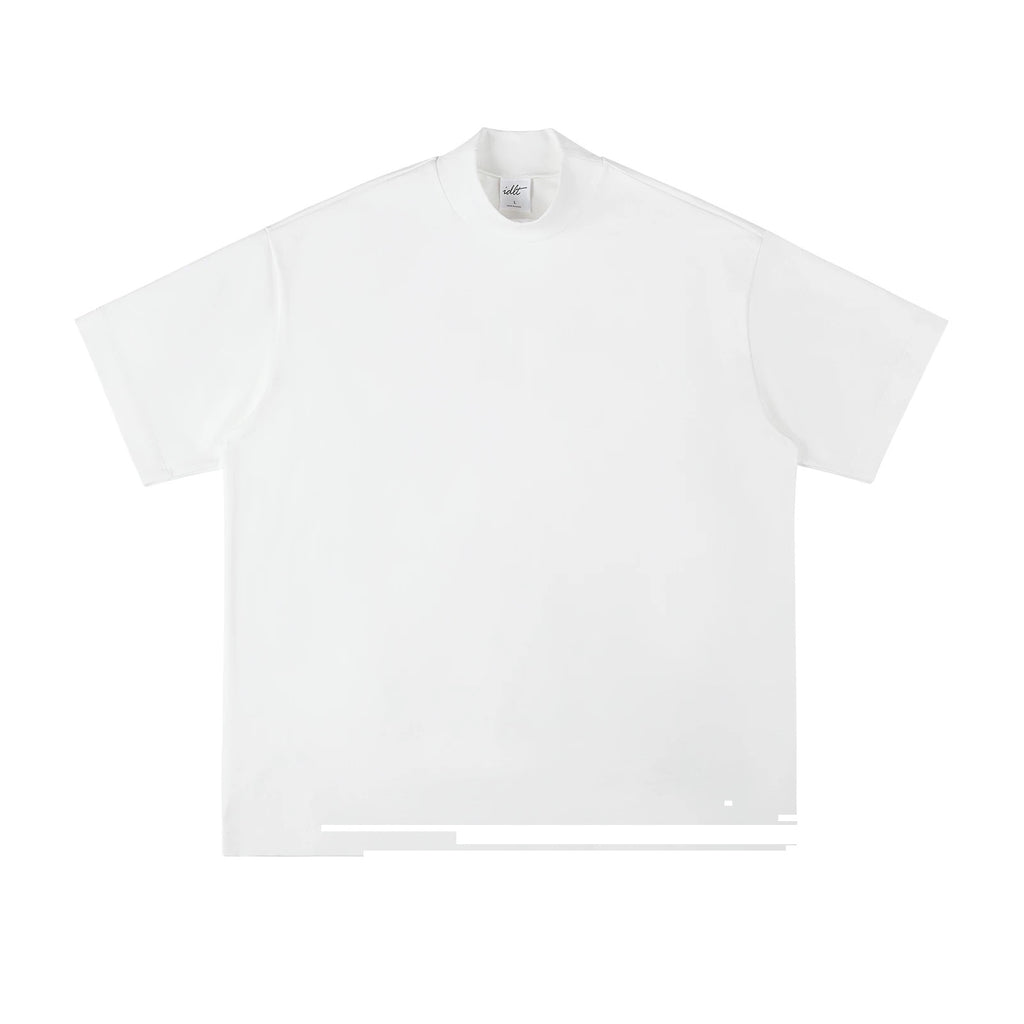 IDLT mock neck T-shirt, white front.