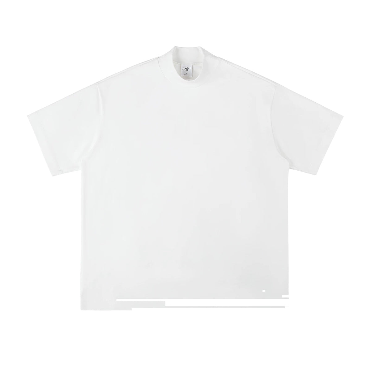 IDLT mock neck T-shirt, white front.
