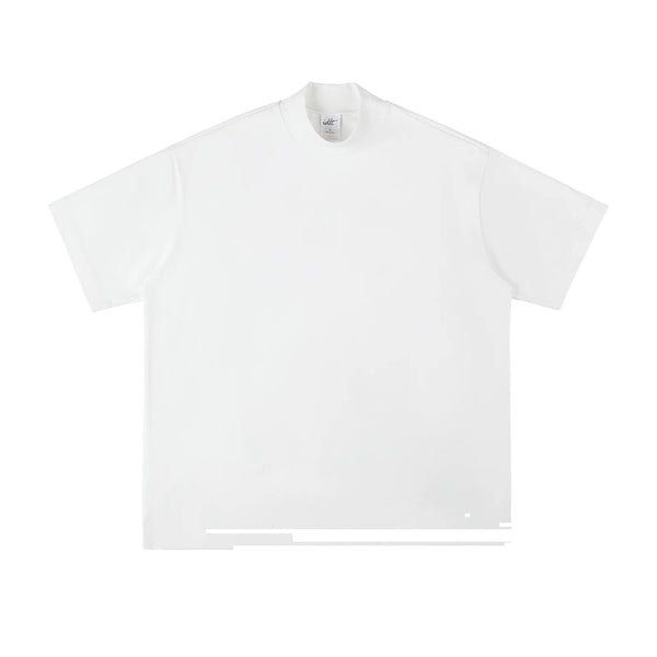 IDLT mock neck T-shirt, white front.
