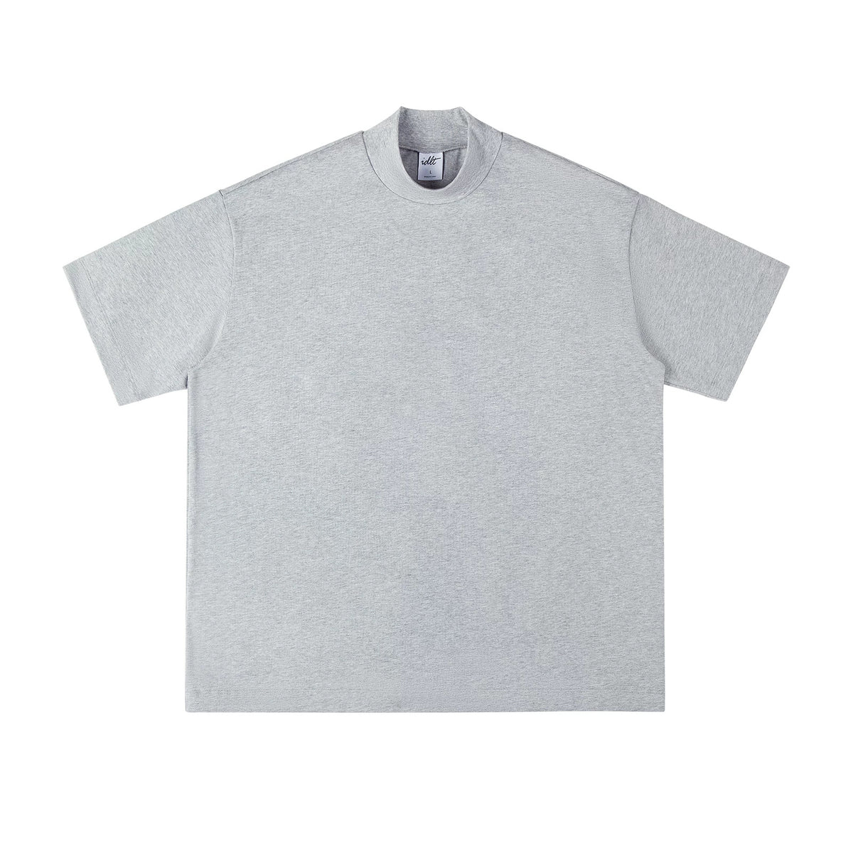IDLT mock neck T-shirt, heather gray front.
