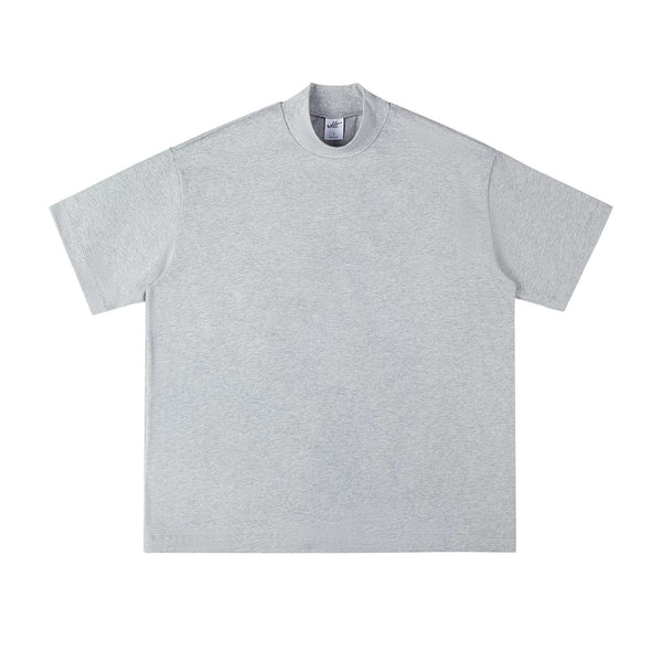 IDLT mock neck T-shirt, heather gray front.