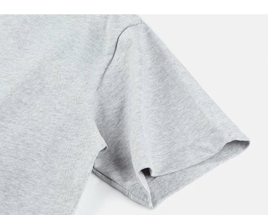 IDLT mock neck T-shirt, heather gray sleeve.