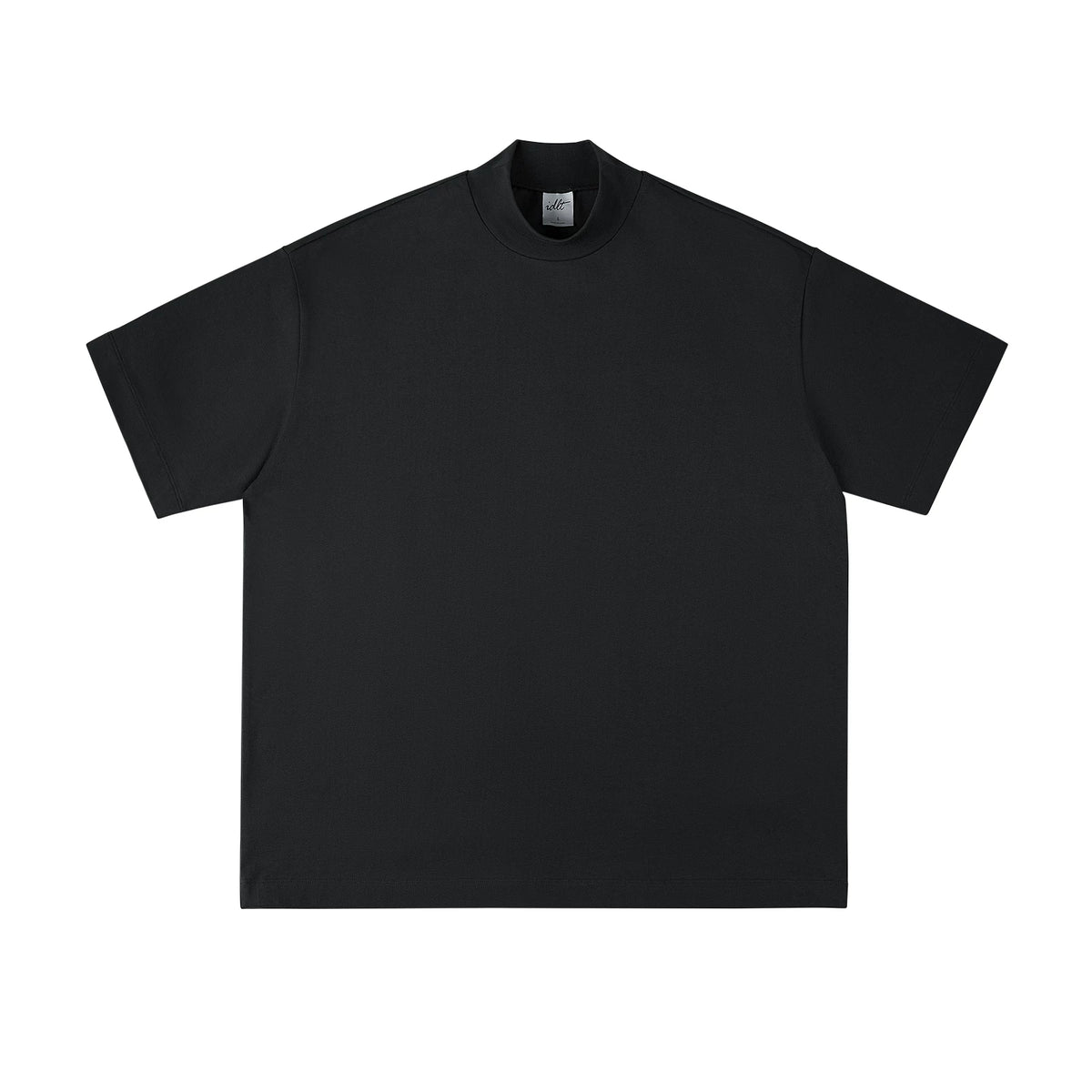 Drop-Shoulder Mock-Neck Tee, black front view.