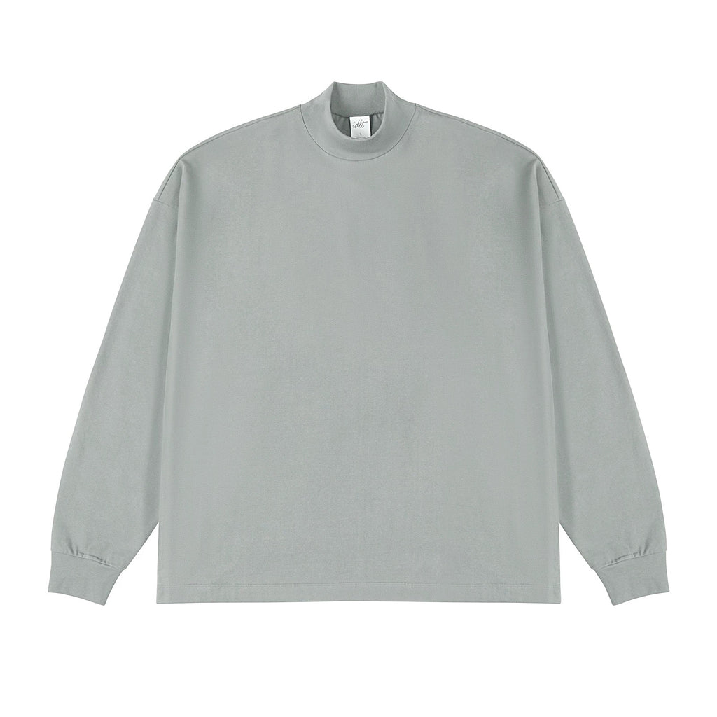 IDLT mock neck long sleeve top, light gray front.