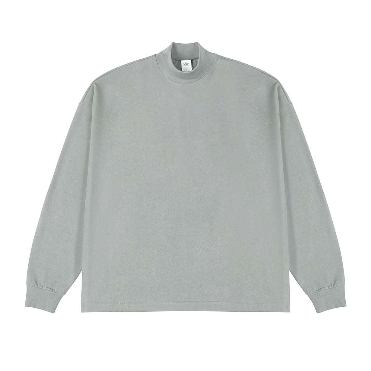 IDLT mock neck long sleeve top, light gray front.