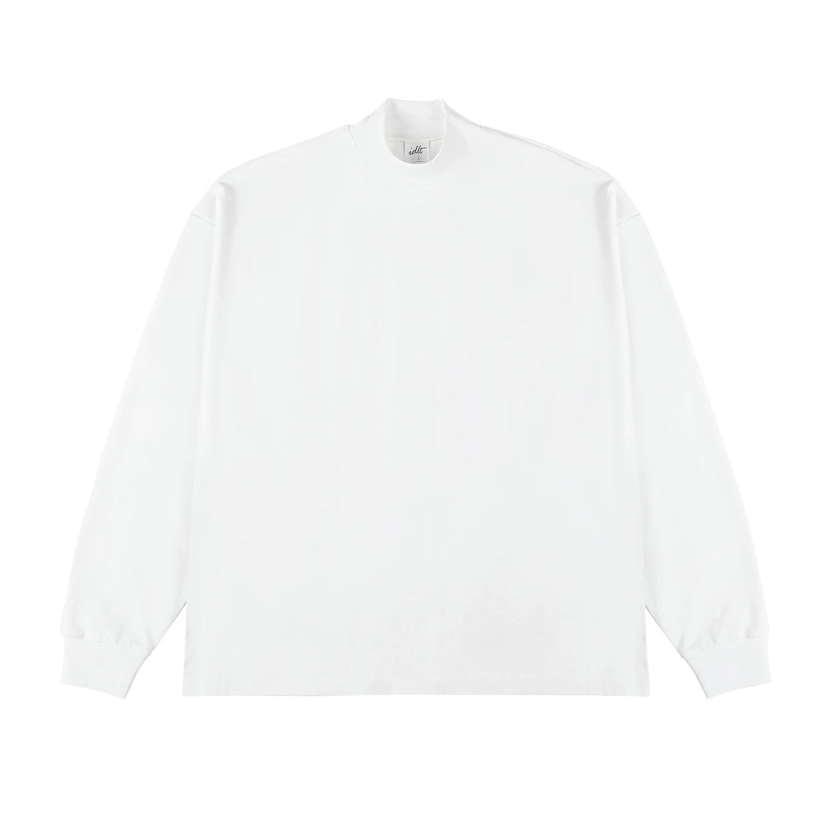 IDLT mock neck long sleeve top, white front.