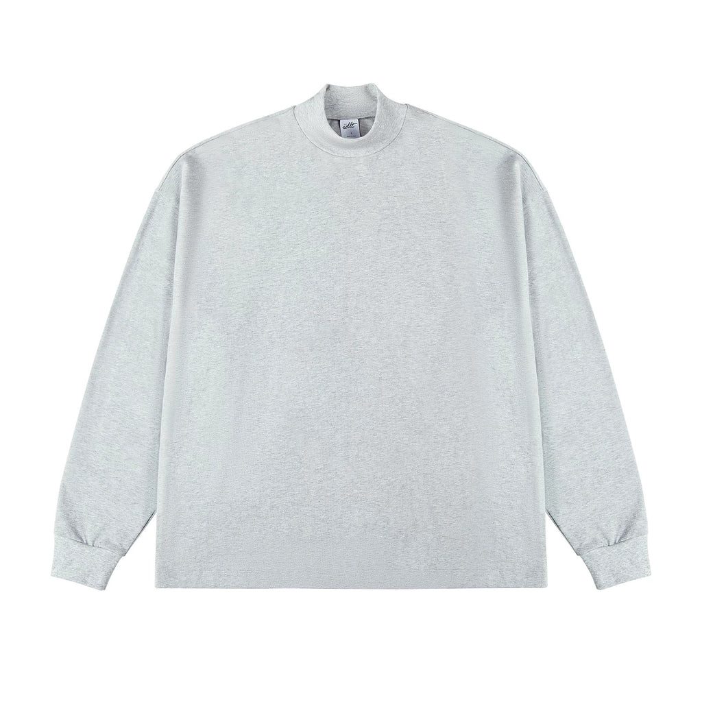 IDLT mock neck long sleeve top, heather gray front.