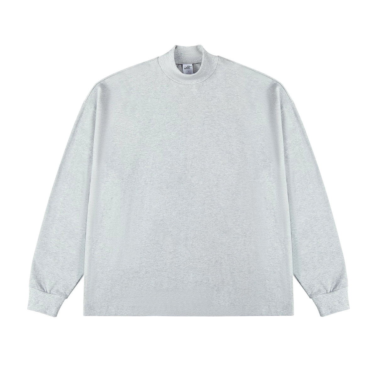 IDLT mock neck long sleeve top, heather gray front.