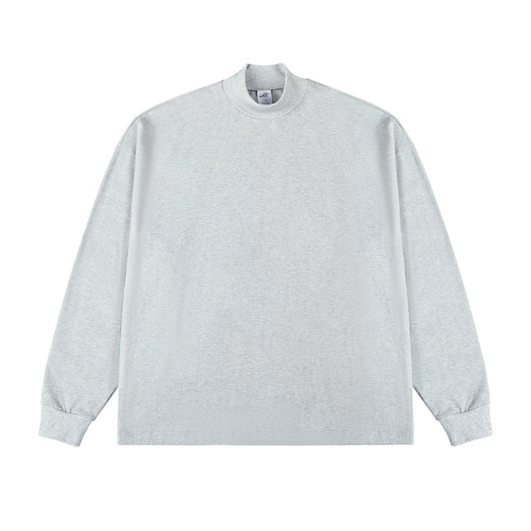 IDLT mock neck long sleeve top, heather gray front.