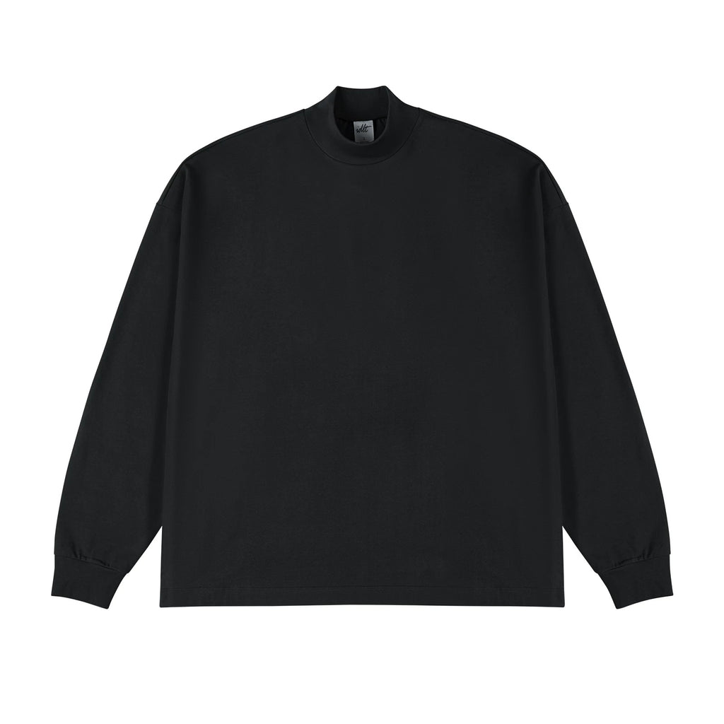 IDLT mock neck long sleeve top, black front.